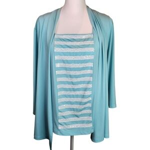 Bob Mackie Wearable Art Sequin Tank and Cardigan Set Turquoise Blue Medium
